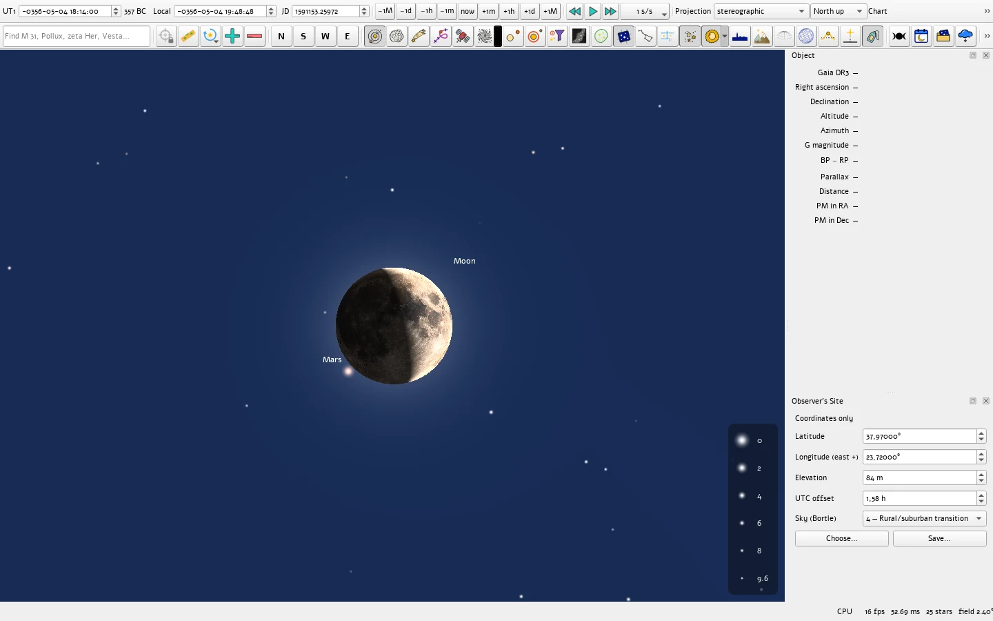 The Sky42 window set to 4 May 357 BC in Athens: the half Moon with Mars at its dark edge, and the date field reading minus 0356, 357 BC