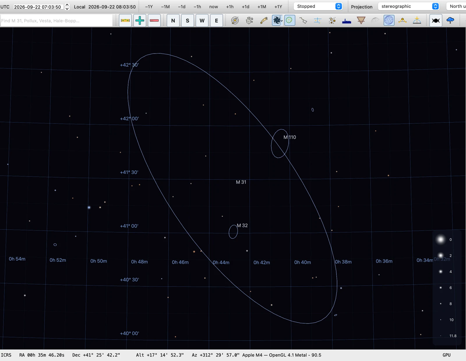 Sky42 zoomed into the Andromeda Galaxy showing M31, M32 and M110 with OpenNGC ellipses