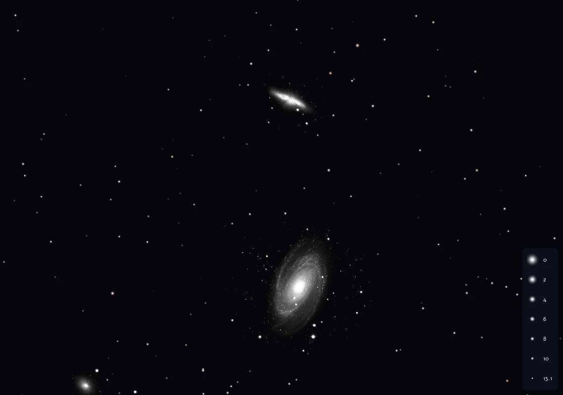 The galaxies M81 and M82 in Ursa Major on the Sky42 chart, each with its black-and-white photograph laid in place among the chart's stars: the spiral arms of M81 below, the edge-on M82 above, and NGC 3077 in the corner