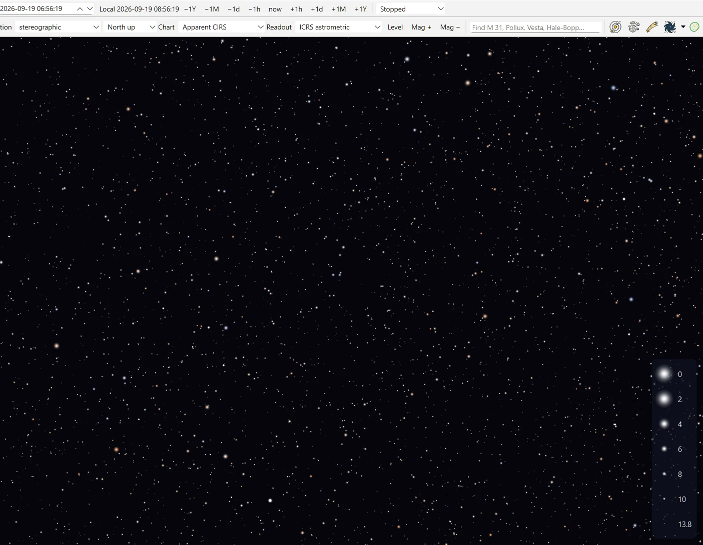 Sky42 showing a 3-degree Gaia DR3 star field drawn down to magnitude 13.8