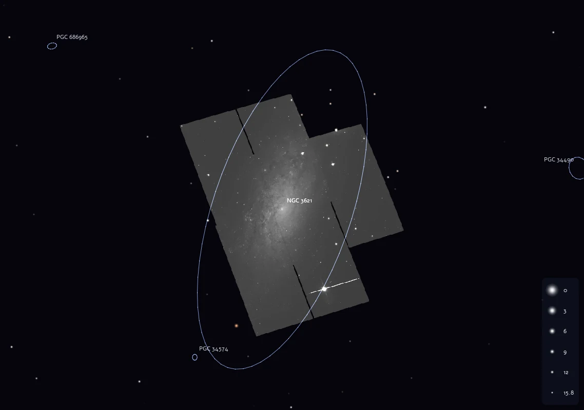 Three overlapping Hubble frames of the spiral galaxy NGC 3621 laid on the Sky42 chart, inside the catalogue ellipse of the galaxy, with catalogue stars drawn over the stars of the photograph