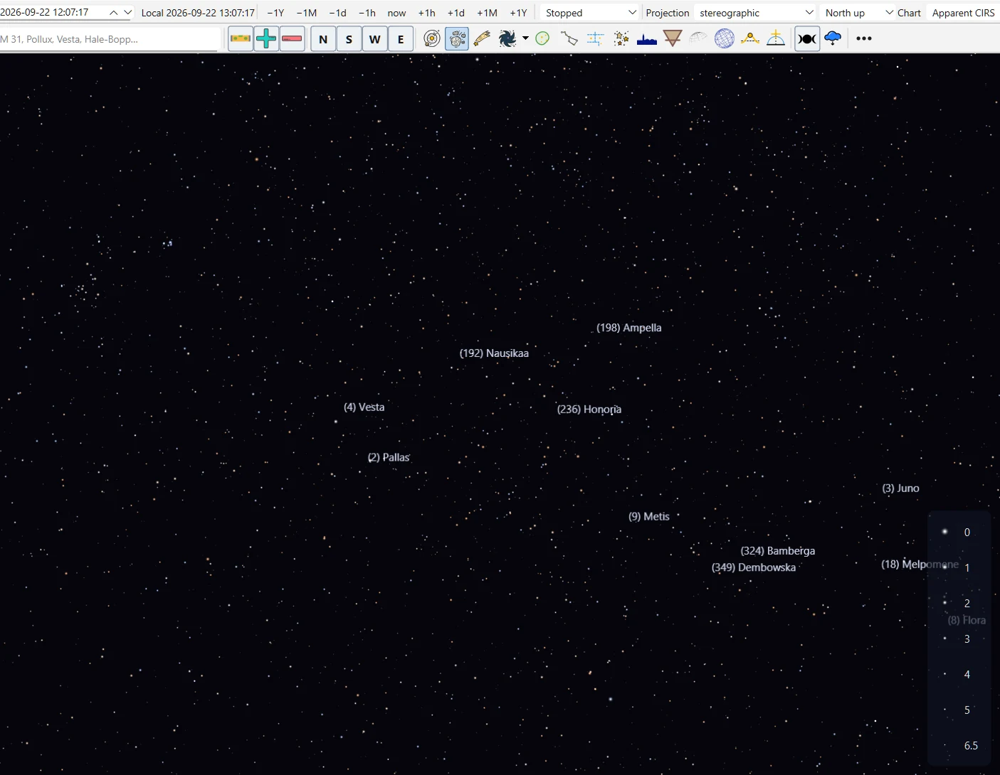 Sky42 showing Vesta, Pallas, Juno and other numbered minor planets labelled against the star field
