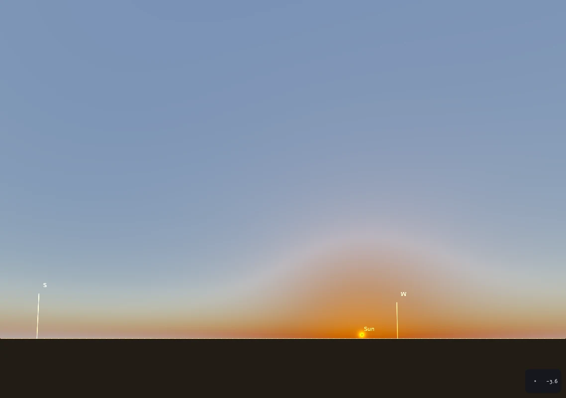 The simulated sky at sunset from Venice: the Sun on a straight horizon in an orange glow, fading through pale pink to blue higher up