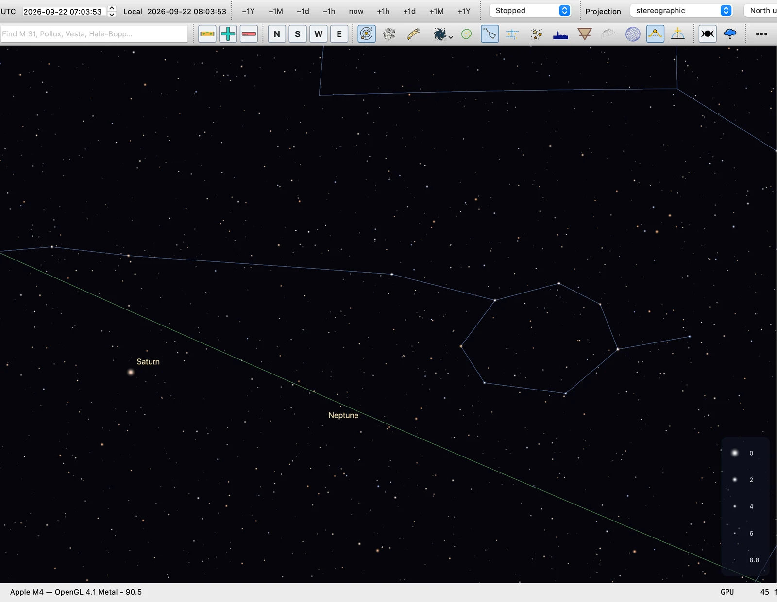 Sky42 showing Saturn and Neptune near Capricornus with the ecliptic line