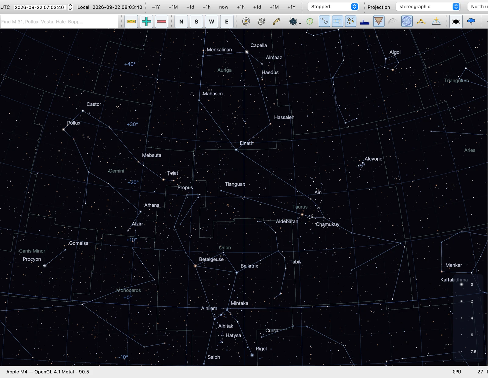 Sky42 showing Orion, Taurus and Gemini with star names, constellation figures, boundaries and the equatorial grid