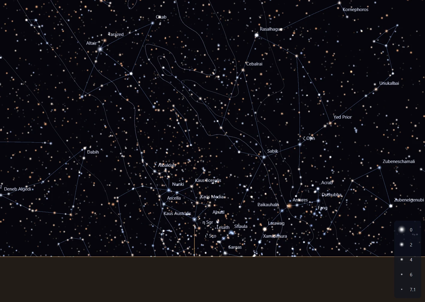Sky42 looking south on an August evening: Sagittarius and Scorpius above the horizon with the outline of the Milky Way