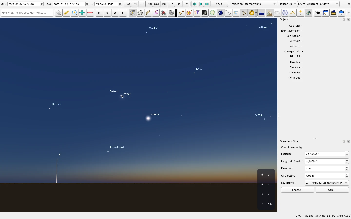 Sky42 looking south-southwest from Padova at dusk: a dark blue sky fading to an orange band on the horizon, with the crescent Moon beside Saturn, Venus below them, and Fomalhaut low in the south