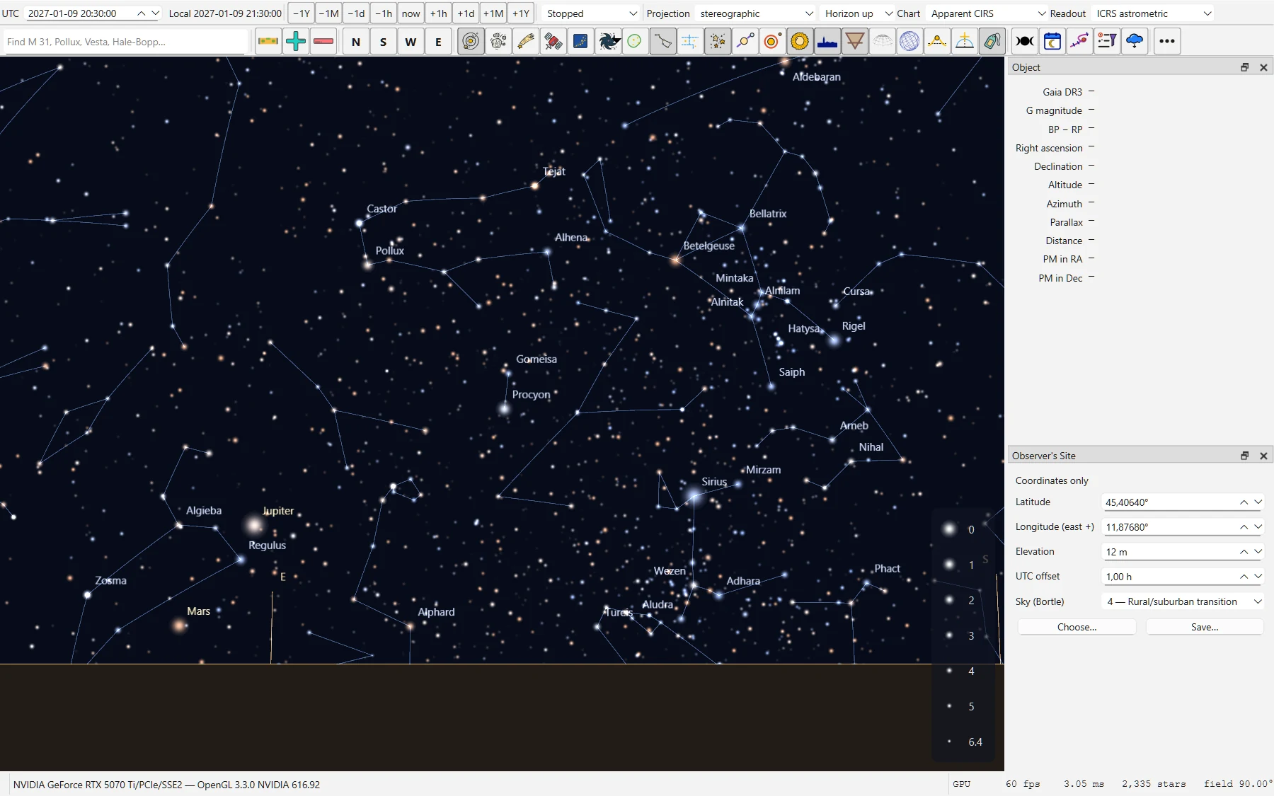 Sky42 looking east-southeast from Padova on a January evening: Orion, Gemini and Canis Major above the horizon, Jupiter and Mars rising in Leo